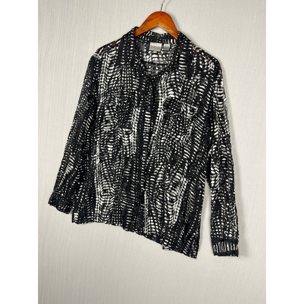 Chico's Silk Blend Burnout Button Down Women 3‎ Black White Abstract Artsy Chic